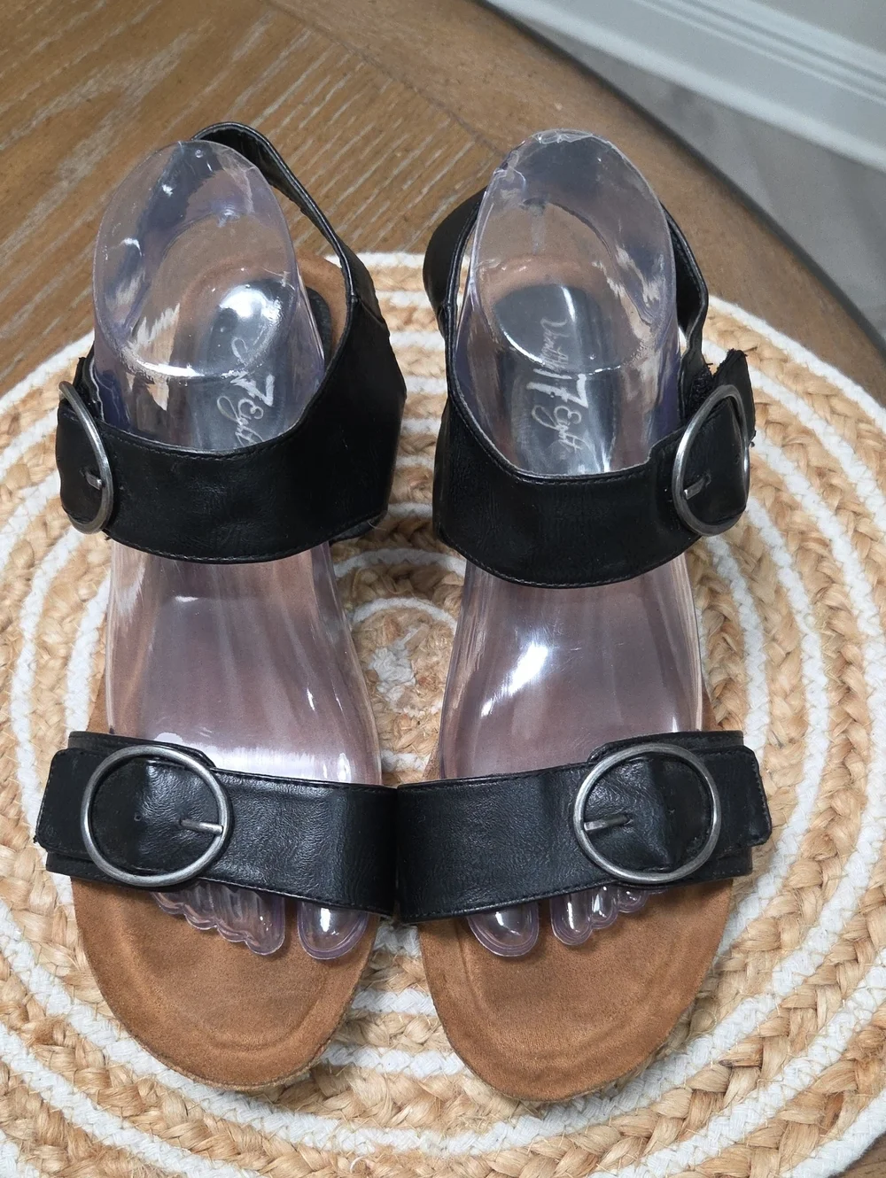 Vintage 7 Eight Black Double Buckle Comfort Wedge, Size 10